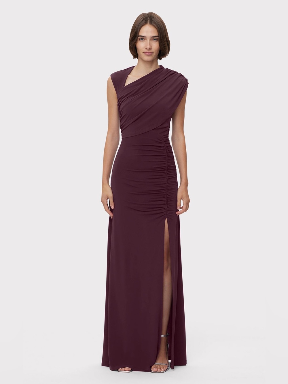 HERVE LEGER Ruched Matte Jersey Draped Gown in Pinot S